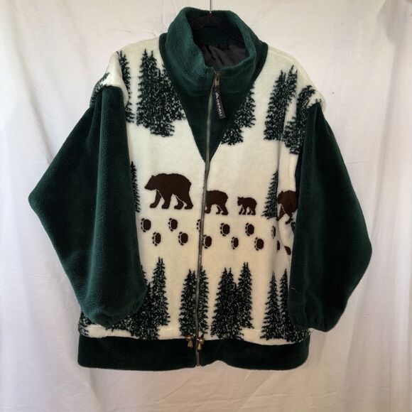 Vintage Denali White Green Pine Tree Bear Winter Full Zip Fleece Jacket M USA - Picture 1 of 7